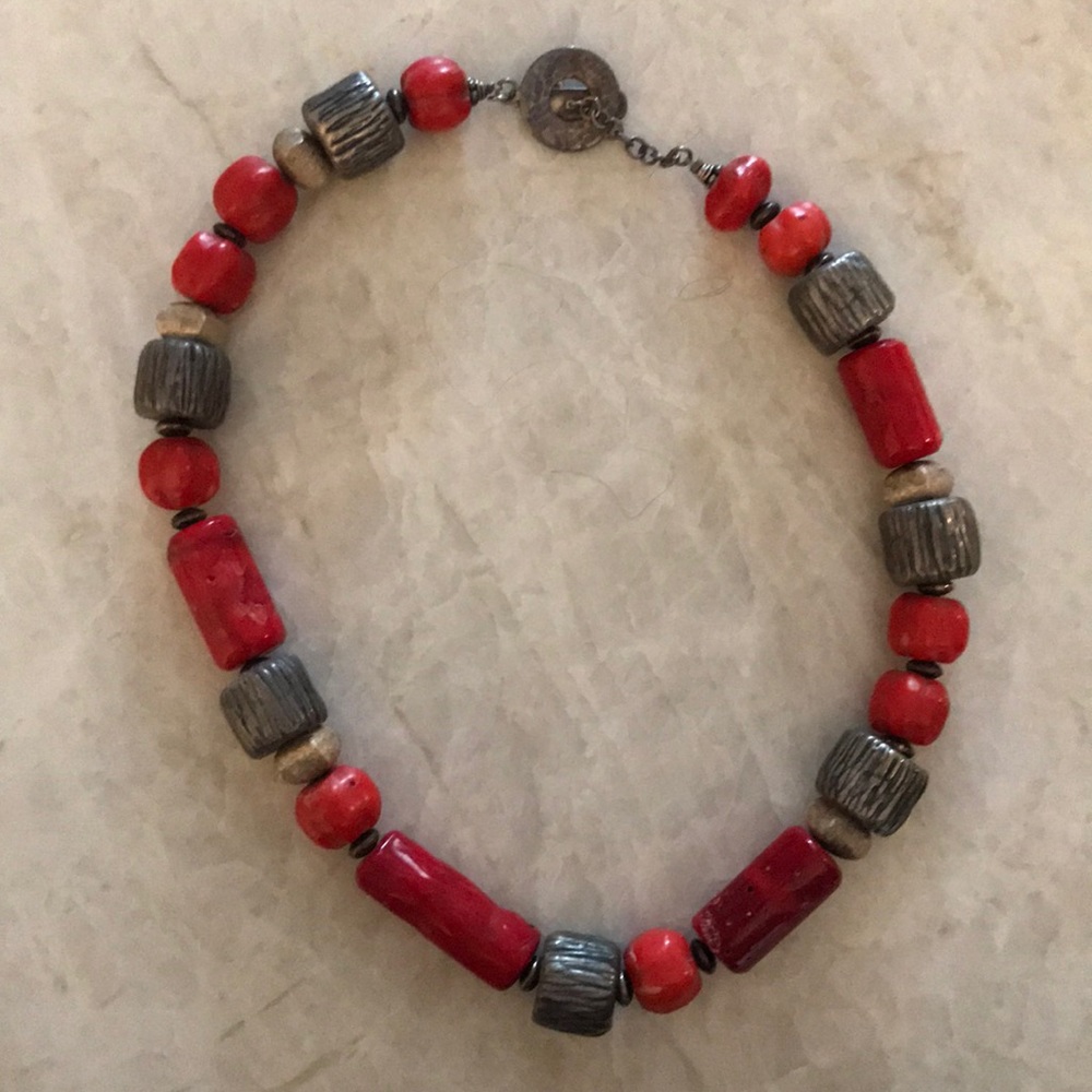 necklace silver and red